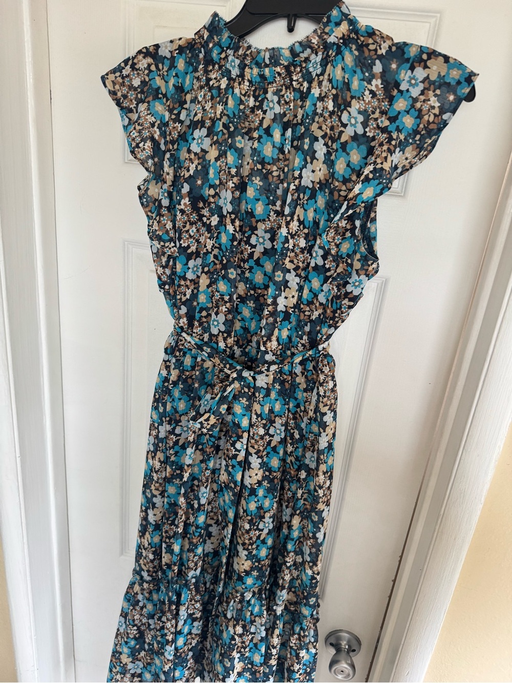 Ann Taylor Factory Teal, Black and Cream Floral Maxi Dress